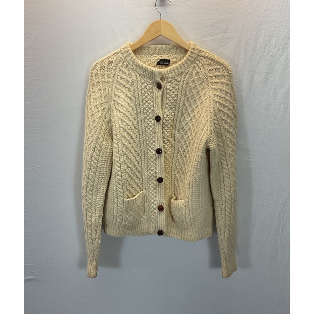 VTG Chunky Irish Fisherman Knit Wool Cardigan Women's SM/ MD Ivory‎ button front
